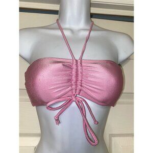 Pink Satin Halter Bandeau Bikini Top - Ruched Front & Tie Back Design